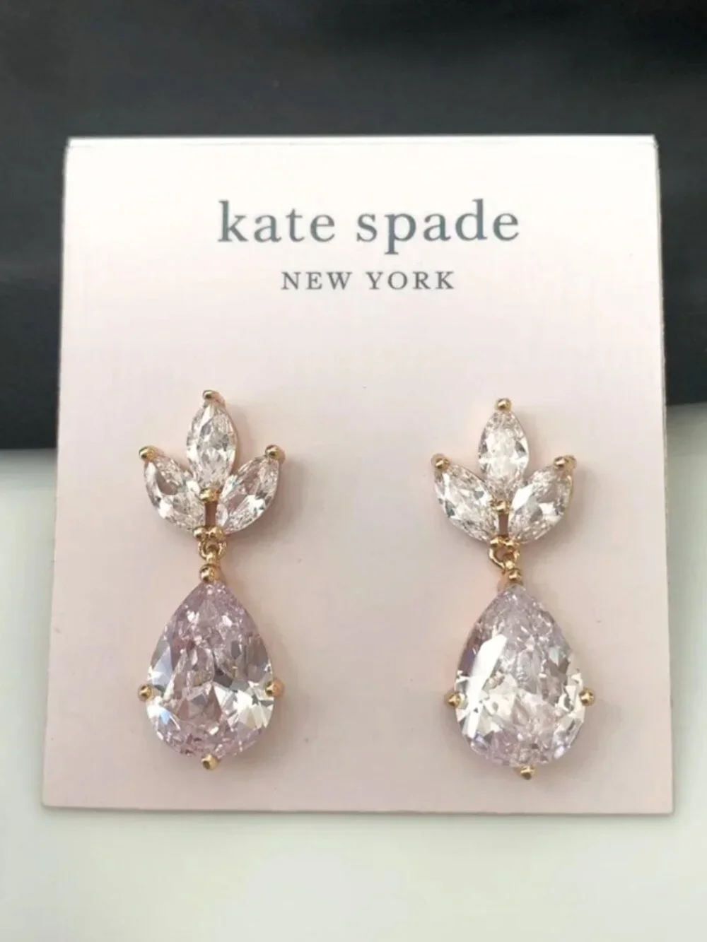 Kate Spade Crystal Teardrop Drop Earrings Gold Tone Clear CZ Bridal Earrings